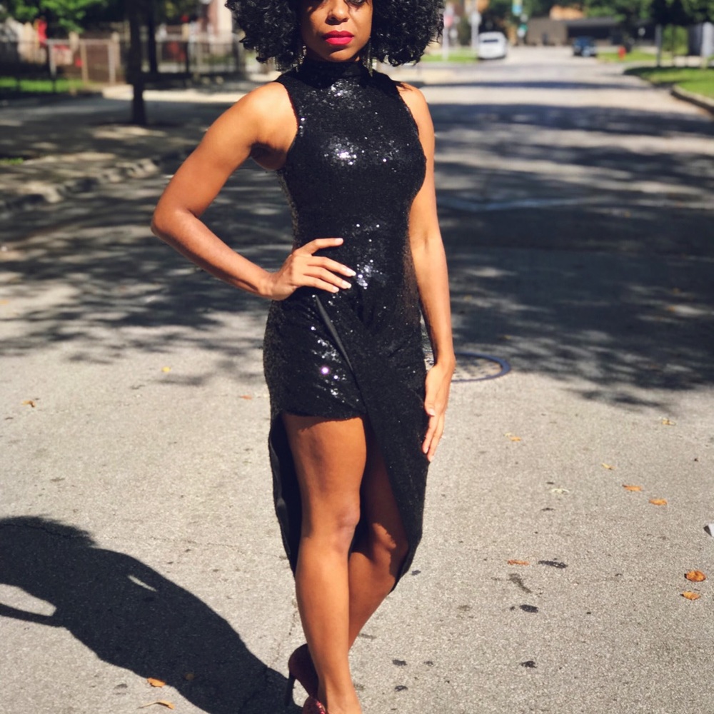 Black sequin asymmetrical homecoming dress